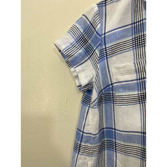 Linen Button Up Tunic Shirt Check Plaid Dress Coastal Cottage Resort Preppy - Picture 4 of 15
